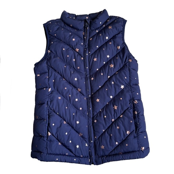 GAP Girls Star Printed Puffer Vest Jacket Size XL Navy Rose Gold Fall Winter - Picture 1 of 7